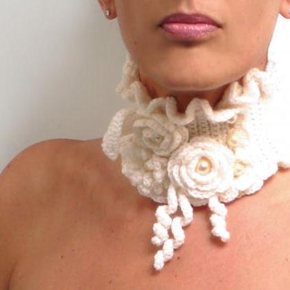 Crochet Neckwarmer Necklace With Flowers, Leaves..