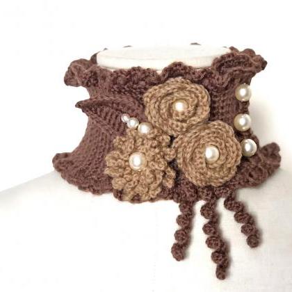 Crochet Scarf Necklace With Flowers, Leaves And..