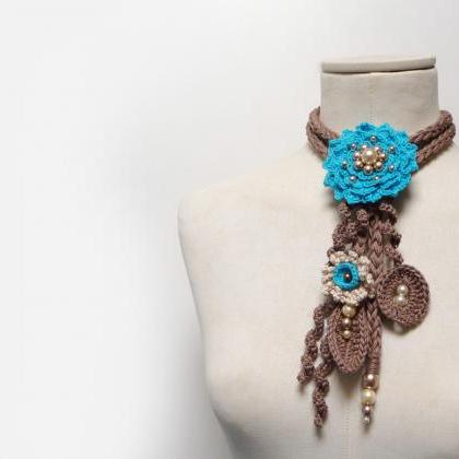 Crochet Lariat Necklace With Turquoise Flower And..