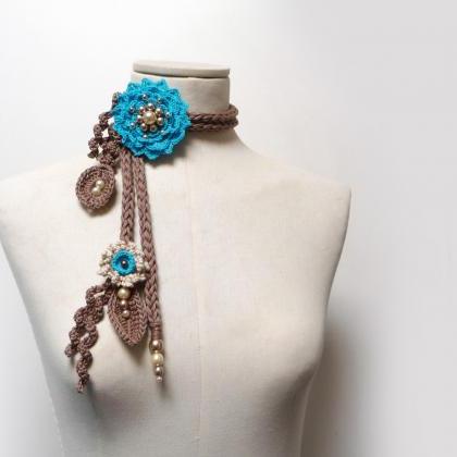 Crochet Lariat Necklace With Turquoise Flower And..