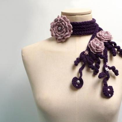 Crochet And Knit Scarf Necklace Or Neckwarmer With..