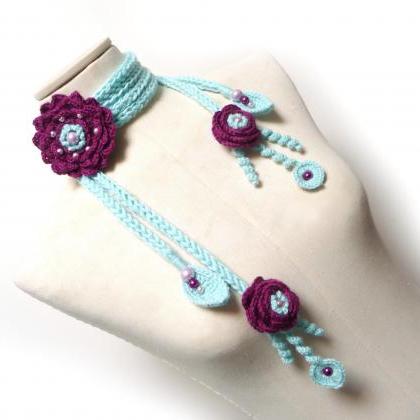 Crochet Necklace With Flowers, Leaves And Glass..