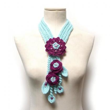Crochet Necklace With Flowers, Leaves And Glass..