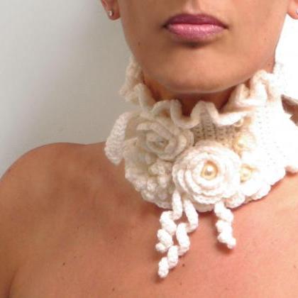 Crocheted White Neckwarmer With Flowers And Glass..
