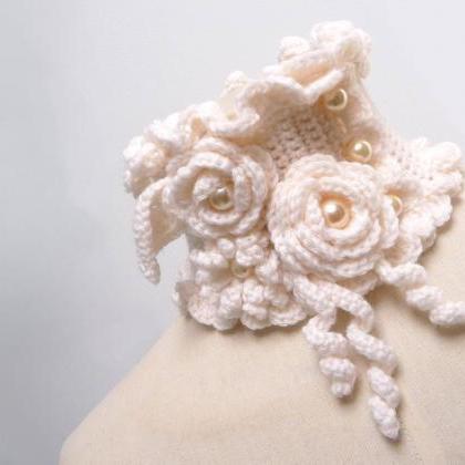 Crocheted White Neckwarmer With Flowers And Glass..