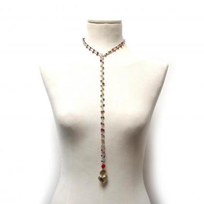 Gold Sacred Heart Necklace, Long Beaded Crochet..