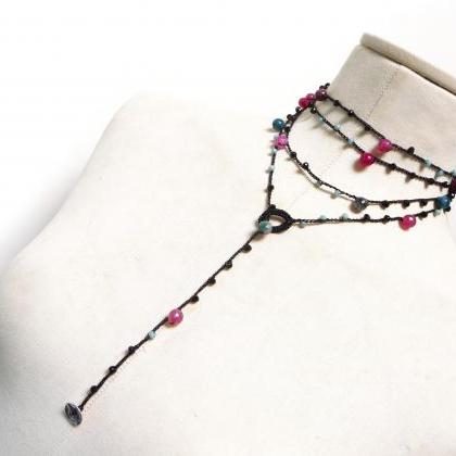 Black Long Beaded Necklace With Pink And Green..