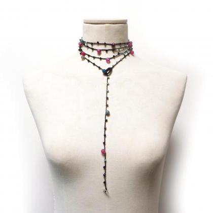 Black Long Beaded Necklace With Pink And Green..
