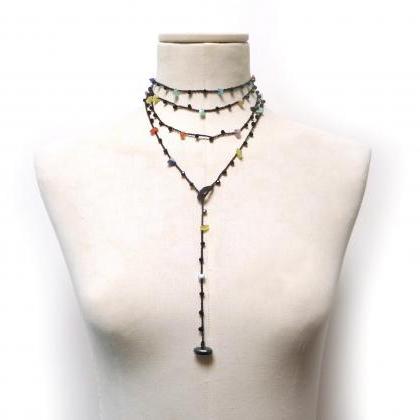 Long Beaded Necklace With Black Crystals And..