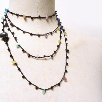 Long Beaded Necklace With Black Crystals And..