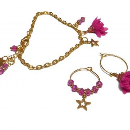 Gold And Pink Earrings And Bracelet Set -..
