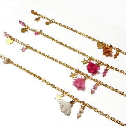 Gold And Pink Earrings And Bracelet Set -..