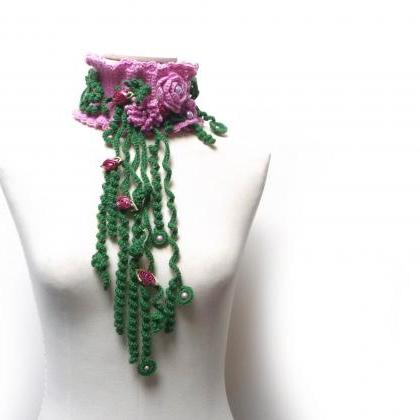 Wool Crochet Scarf Necklace With Pink And Green..