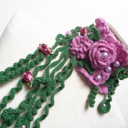 Wool Crochet Scarf Necklace With Pink And Green..