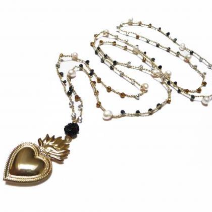 Gold Sacred Heart Necklace, Long Beaded Crochet..
