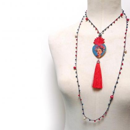 Milagro Heart Necklace, Long Beaded Necklace..