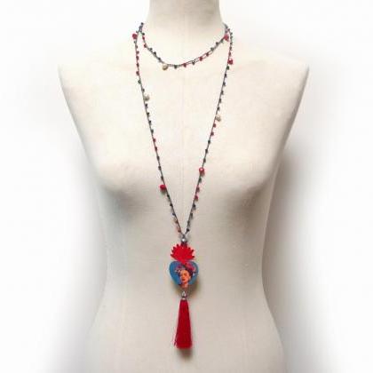Milagro Heart Necklace, Long Beaded Necklace..