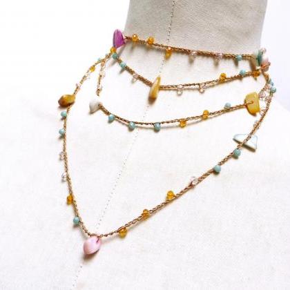 Long Beaded Necklace With Yellow Pink Aqua Green..