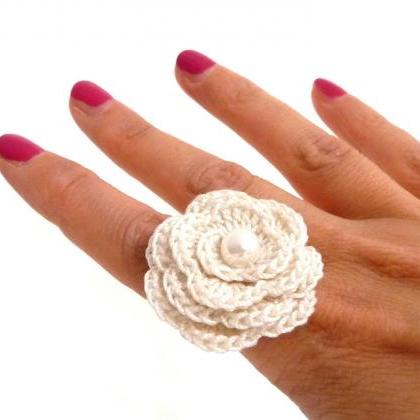 White Crochet Flower Ring - Cotton Rose,..