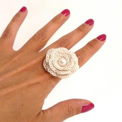 White Crochet Flower Ring - Cotton Rose,..