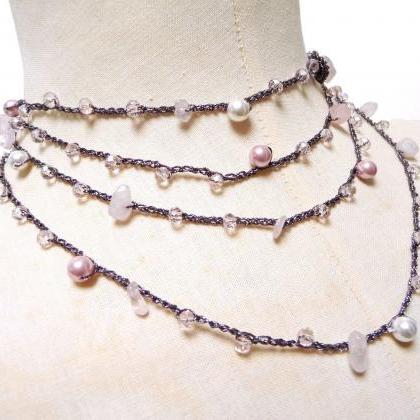 Long Beaded Pink Necklace, Purple Black Multi Wrap..