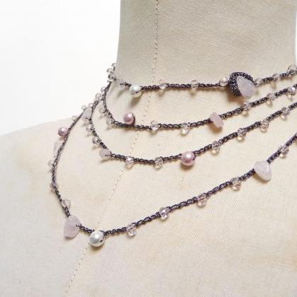 Long Beaded Pink Necklace, Purple Black Multi Wrap..