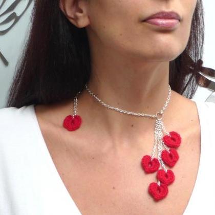 Red Heart Necklace With Tiny Crochet Charms, Love..