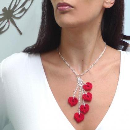 Red Heart Necklace With Tiny Crochet Charms, Love..