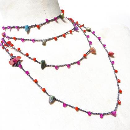 Extra Long Beaded Necklace With Orange And Pink..