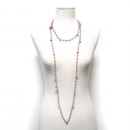 Extra Long Beaded Necklace With Orange And Pink..
