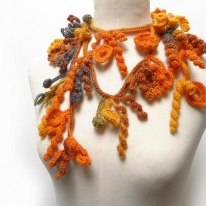 Crochet Freeform Necklace, Orange Yellow Green..