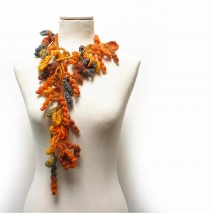 Crochet Freeform Necklace, Orange Yellow Green..