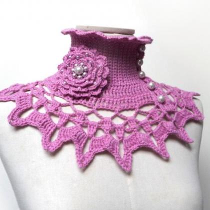 Pink Crochet Collar With Turtleneck, Ruffled And..