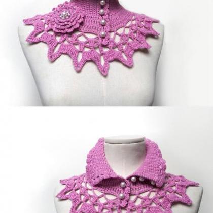 Pink Crochet Collar With Turtleneck, Ruffled And..