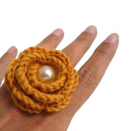 Mustard Yellow Flower Ring - Crochet Wool Rose,..