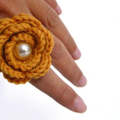 Mustard Yellow Flower Ring - Crochet Wool Rose,..