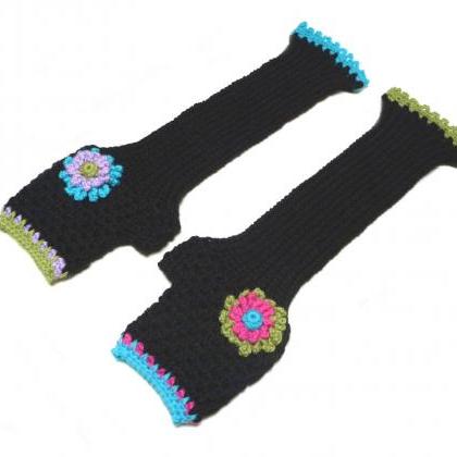 Black Knit Long Fingerless Gloves, Crochet Winter..