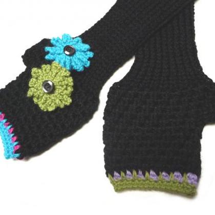 Black Knit Long Fingerless Gloves, Crochet Winter..
