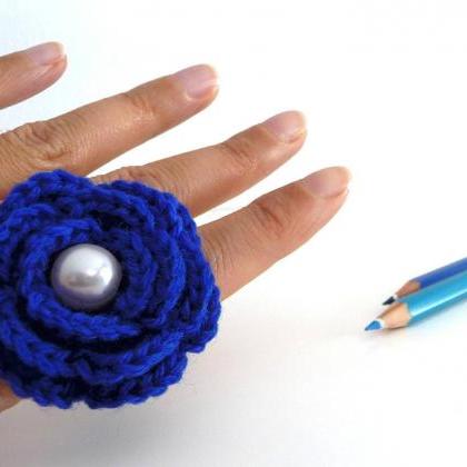 Bright Blue Flower Ring - Crochet Wool Rose,..