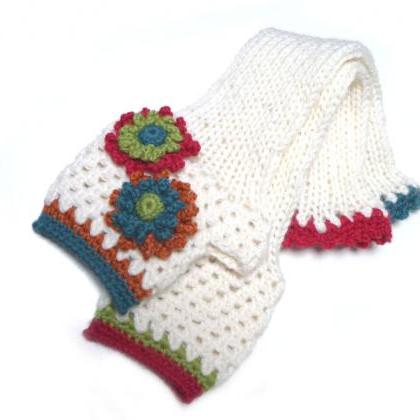 White Knit Long Fingerless Gloves, Crochet Winter..