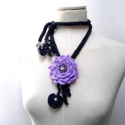 Crochet Lariat Necklace - Lavender, Lilac Flower..