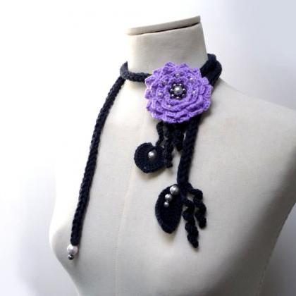 Crochet Lariat Necklace - Lavender, Lilac Flower..