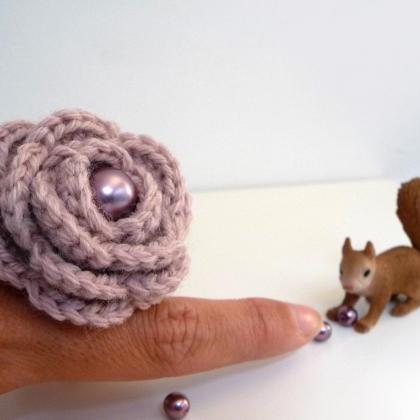 Dusty Pink Flower Ring, Crochet Wool Rose,..
