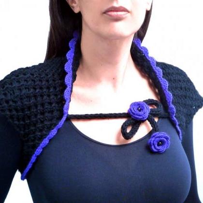 Black Knit Wool Shrug, Short Sleeve Lace Bolero..