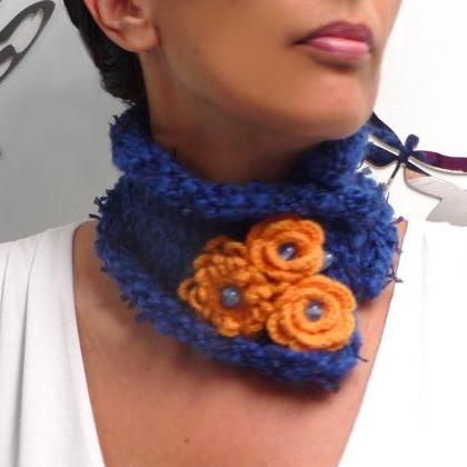 Cobalt Blue Scarf Neckwarmer With Yellow Flowers..