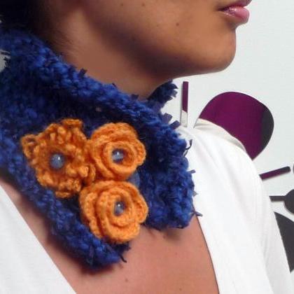 Cobalt Blue Scarf Neckwarmer With Yellow Flowers..