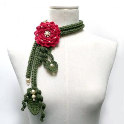 Crochet Lariat Necklace - Olive Green Leaves And..