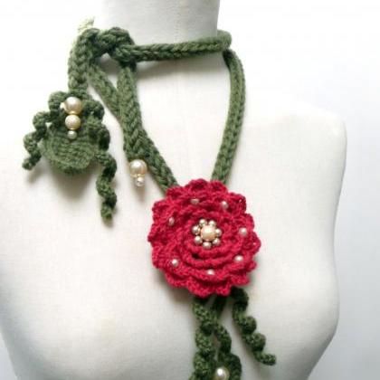 Crochet Lariat Necklace - Olive Green Leaves And..