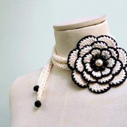 Crochet Lariat Necklace With Big Flower, Black And..