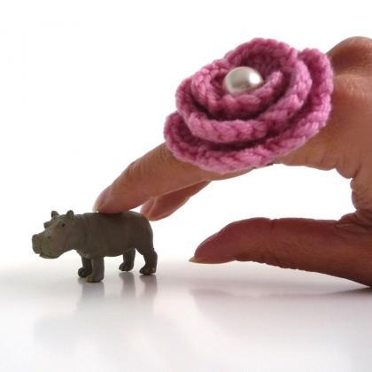 Pink Flower Ring - Crochet Wool Rose, Adjustable,..